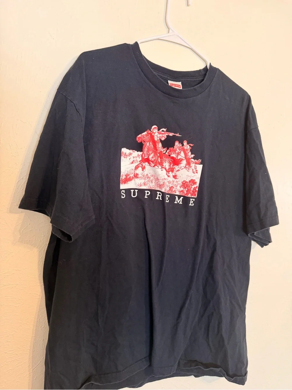 Supreme Black Tee with Red Graphic Cavalry Print
